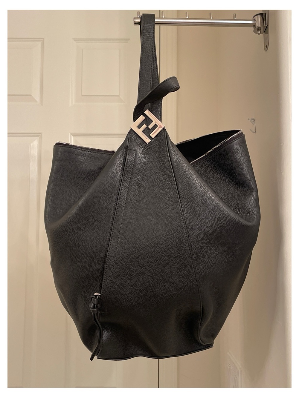 Fendi Black Pebbled Leather Tote with Gold FF Buckle